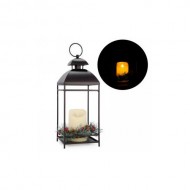 Brown lantern with led candle & pine, 14.25"H