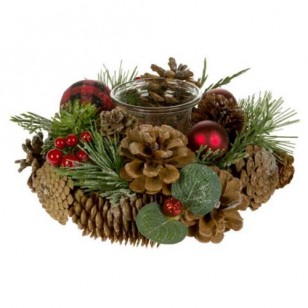 CANDLE HOLDER W/CONES/PLAID BALLS, 7.5"