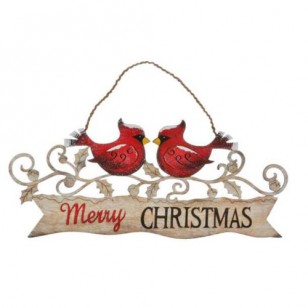 MERRY XMAS BANNER W/CARDINALS, 15 X 9"