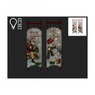 SANTA & SNOWMAN SLED SIGN, LED Lights, Set of 2, 8 x 27"