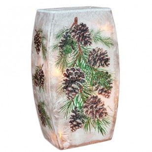 Peaceful Pines, 6 Pine Cones, Lighted Rectangular Vase, 7.9" Tall