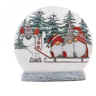 Gnomes with Sled and Horse PRELIT RND ORB RESIN BASE, 7" Tall