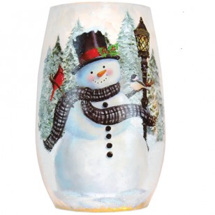 Snowman at Lightpost PRELIT SMALL VASE, 5.25" Tall