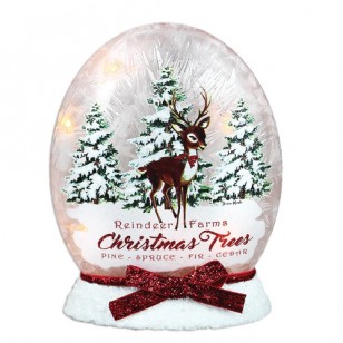 REINDEER FARM CHRISTMAS TREES PRELIT OVAL VASE W/ RESIN BASE, 5.5" Tall