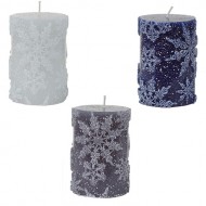NAVY PILLAR TABLE CANDLE W EMBOSSED SNOWFLAKES, 4" TALL
