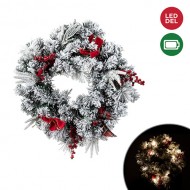 FROSTED PINE WREATH W LIGHTS, BERRIES AND RIBBON, 24"