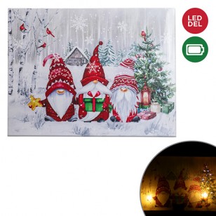 LED LIGHTED CANVAS PRINT, GNOMES IN WINTER SCENE, 16 X 12"