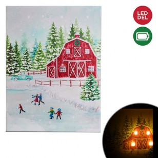 LED LIGHTED CANVAS PRINT, ICE RINK NEAR BARN, 12 X 16"