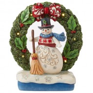 Jim Shore HWC, Figurine, LED Snowman in LED Wreath, 7" Tall