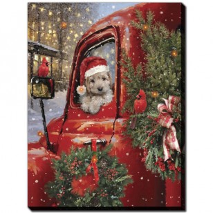Pup In Santa Hat And Truck 12 x 16", LED Lighted