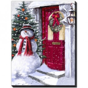 Snowman Outside Red Door, 12 x 16", LED Lighted